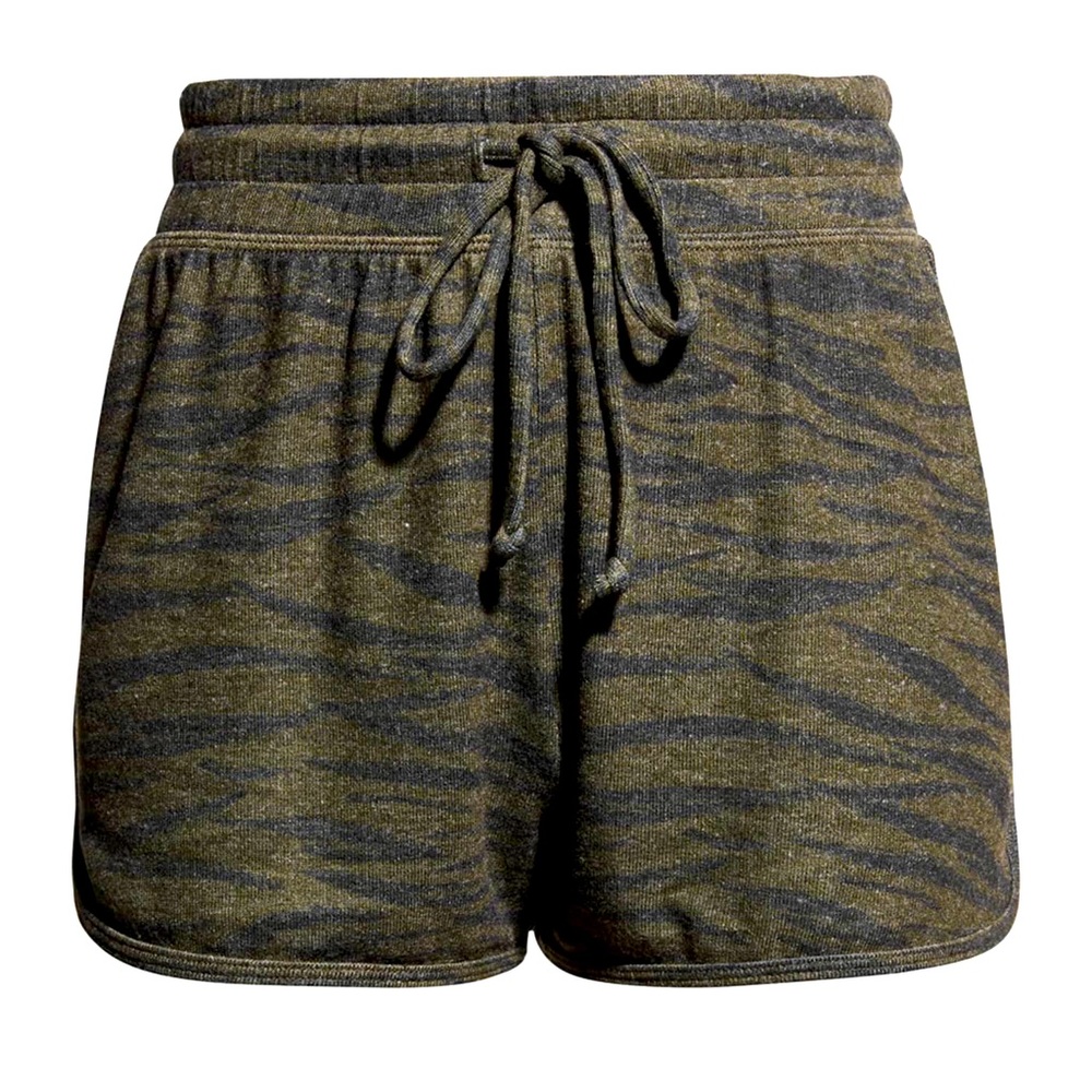 NWT Beyond Yoga Olive Woodgrain Paneled Shorts Green Striped Athleisure Shorts